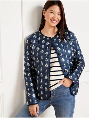 Talbots Jacket Womens XL Quilted Puffer Floral Ditsy Foulard Button Blue Preppy